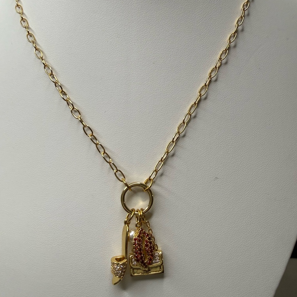 Kate Spade NY Charm Necklace Lips Heel Purse Gold Tone Statement NWT